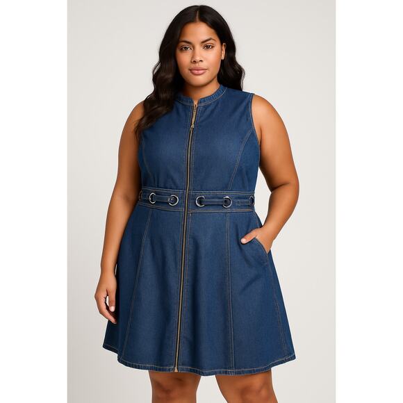 Eloquii Size 18 Sleeveless Denim Zip-Front Dress with Grommet - Picture 1 of 6